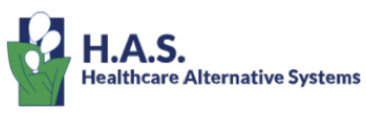 H.A.S. Healthcare Alternative Systems logo with blue text and green abstract figure icon