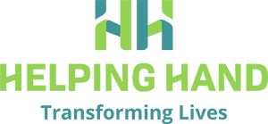 Helping Hand logo with green and blue hands above the words “HELPING HAND” and “Transforming Lives”