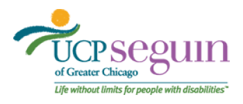 UCP Seguin of Greater Chicago logo with green and purple text and orange sun icon, plus tagline “Life without limits for people with disabilities”