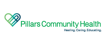 Pillars Community Health logo with teal and green heart icon and tagline “Healing. Caring. Educating.”