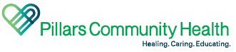 Pillars Community Health logo with green and teal interlocking heart icon and tagline “Healing.Caring.Everyday.”