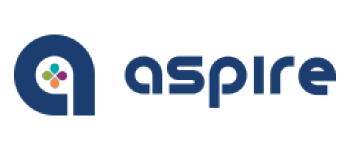 Aspire logo with blue lowercase text and icon featuring four colored dots