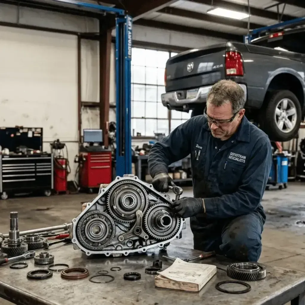Mechanic inspecting a car engine part on a workbench in an auto repair shop