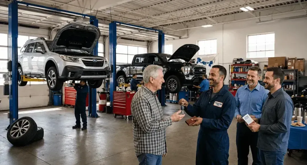 Mechanics and customers chatting in an auto repair shop with cars lifted on service bays