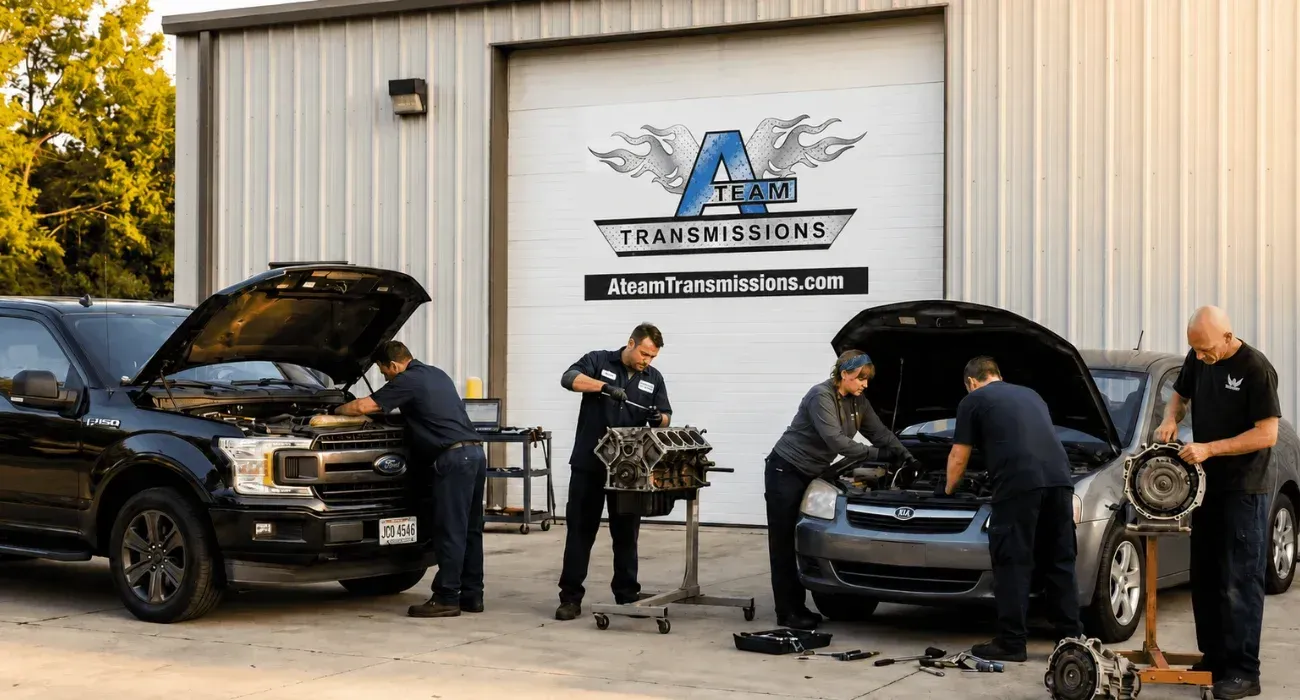 Three mechanics inspect two black SUVs outside a garage, with one hood open and one vehicle on a lift.