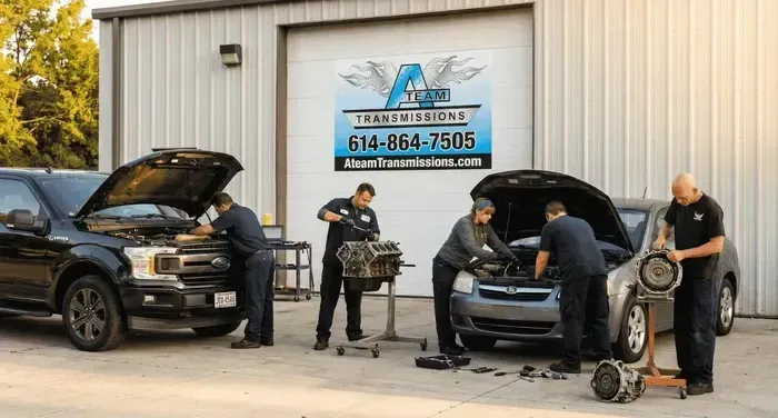 Five people standing by two open cars in front of a garage, one inspecting a tire on the right.