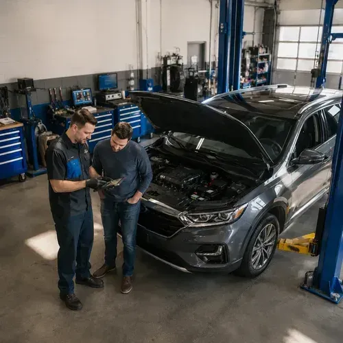 Two mechanics inspecting a gray SUV in an auto repair shop