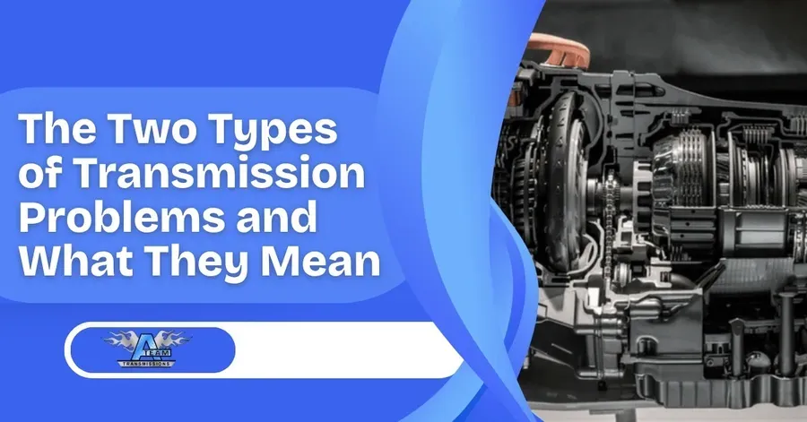 Title slide about transmission problems with blue design and a cutaway car transmission on the right
