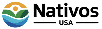 Logo for Nativos USA, featuring a circular graphic with natural elements and the company name.