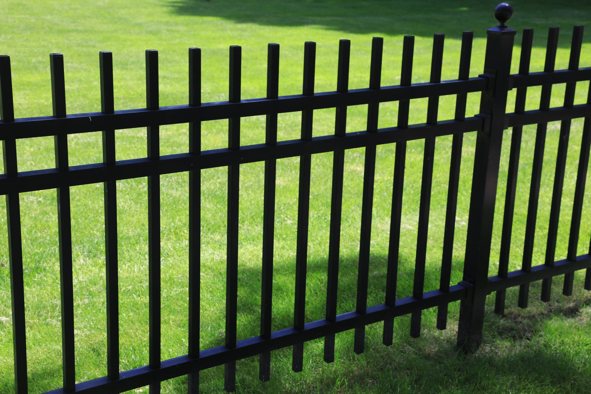 A black fence surrounds a lush green lawn