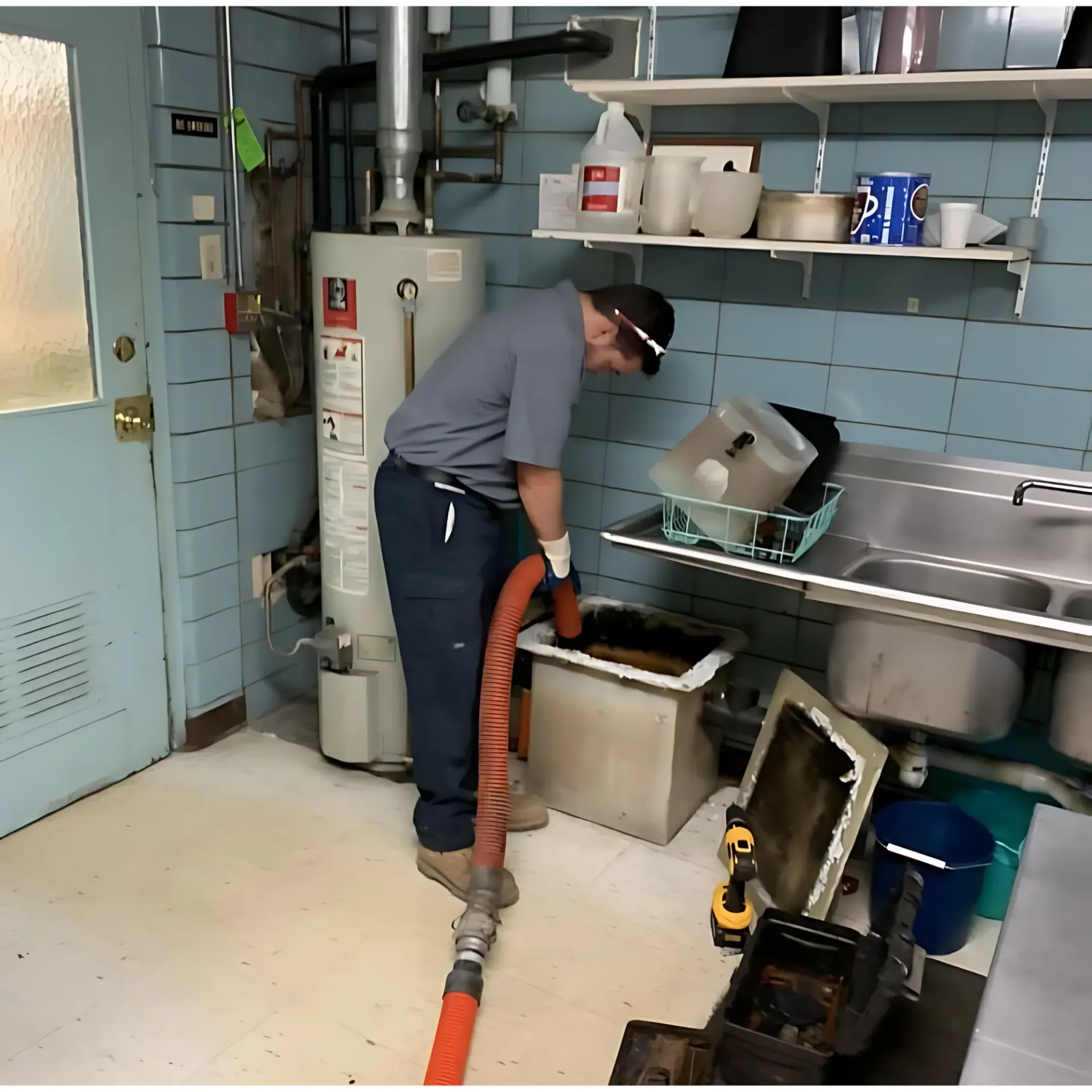 Affordable Waste Services - A man is working in a kitchen near a water heater