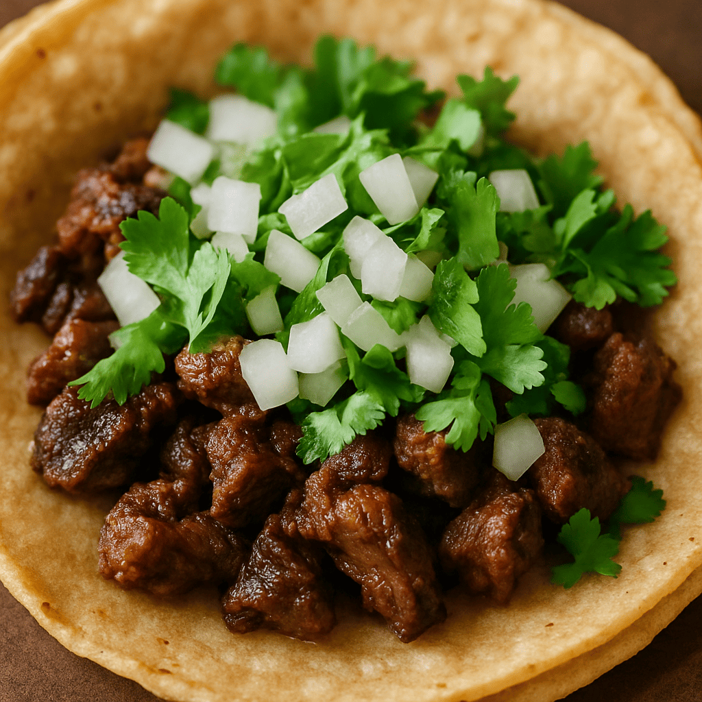 Beef taco on a corn tortilla topped with diced onions and cilantro