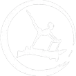 White circular logo with a gymnast balancing on a beam inside a ring.