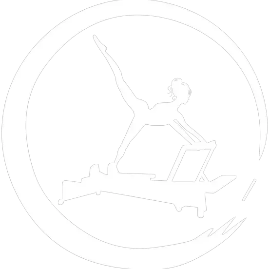 White circular logo with a gymnast balancing on a beam inside a ring.