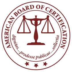 Circular seal of the American Board of Certification with a scale of justice, three stars, and Latin text in dark red. Circular seal of the American Board of Certification with a scale of justice, three stars, and Latin text in dark red.