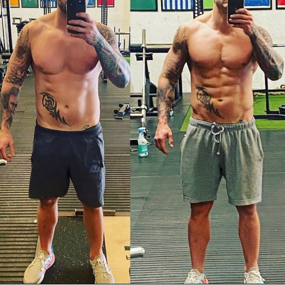 Two photos of a man in a gym, showing a before-and-after physique transformation. He's shirtless, with tattoos, wearing shorts.