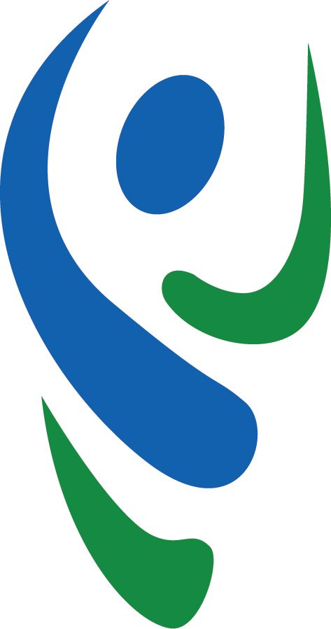 Blue and green abstract figure with raised arms.
