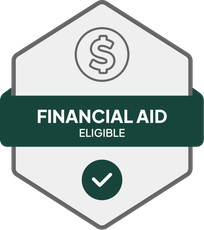 Badge: Financial Aid Eligible, blue banner, building icon, dollar sign.