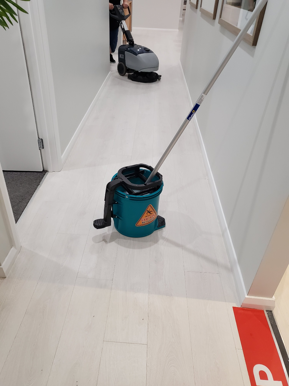Mop bucket and mop in a hallway, with a vacuum cleaner in the background.