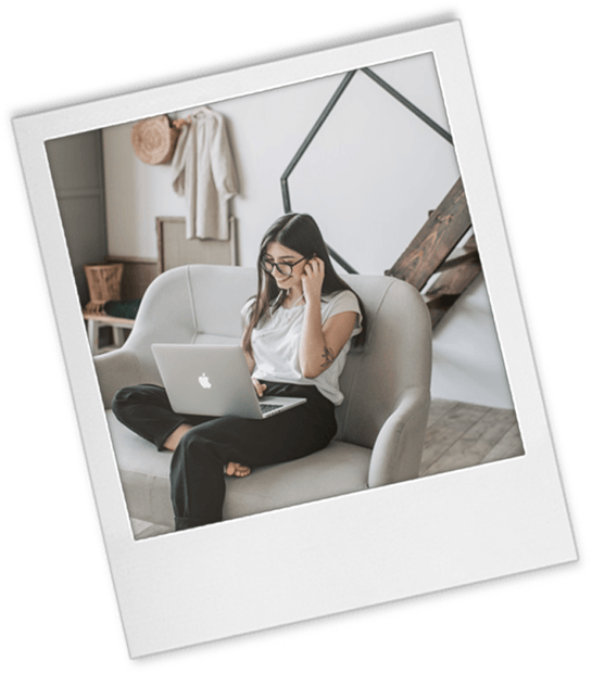 Headshot Tip 1 polaroid of a young woman doing an online consultation through her laptop as she sits in her living room