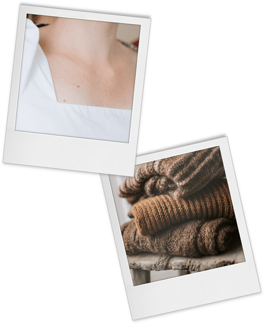 Headshot tips 5 and 6 polaroid of a white dress with square neckline and a stack of brown sweaters