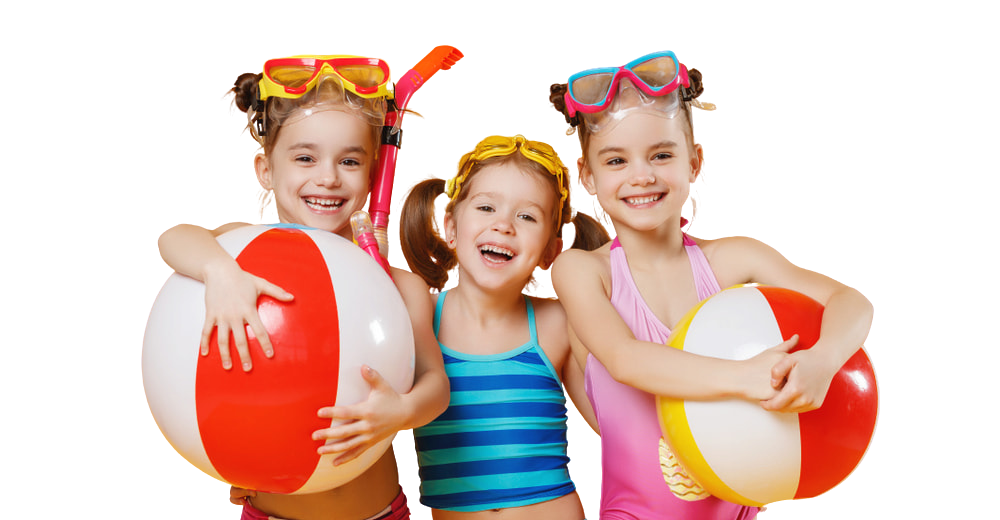 Three children smiling, holding colorful beach balls and wearing goggles against a white background