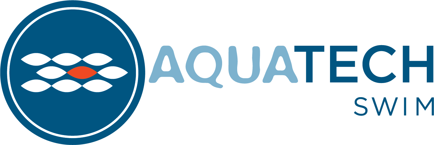 A blue and white logo for aquatech swim