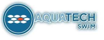 AquaTech Swim logo with blue circular icon and white and orange swimmer shapes