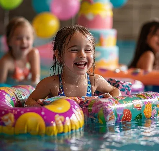 Child laughing in a colorful pool float at a splashy pool party with balloons in the background