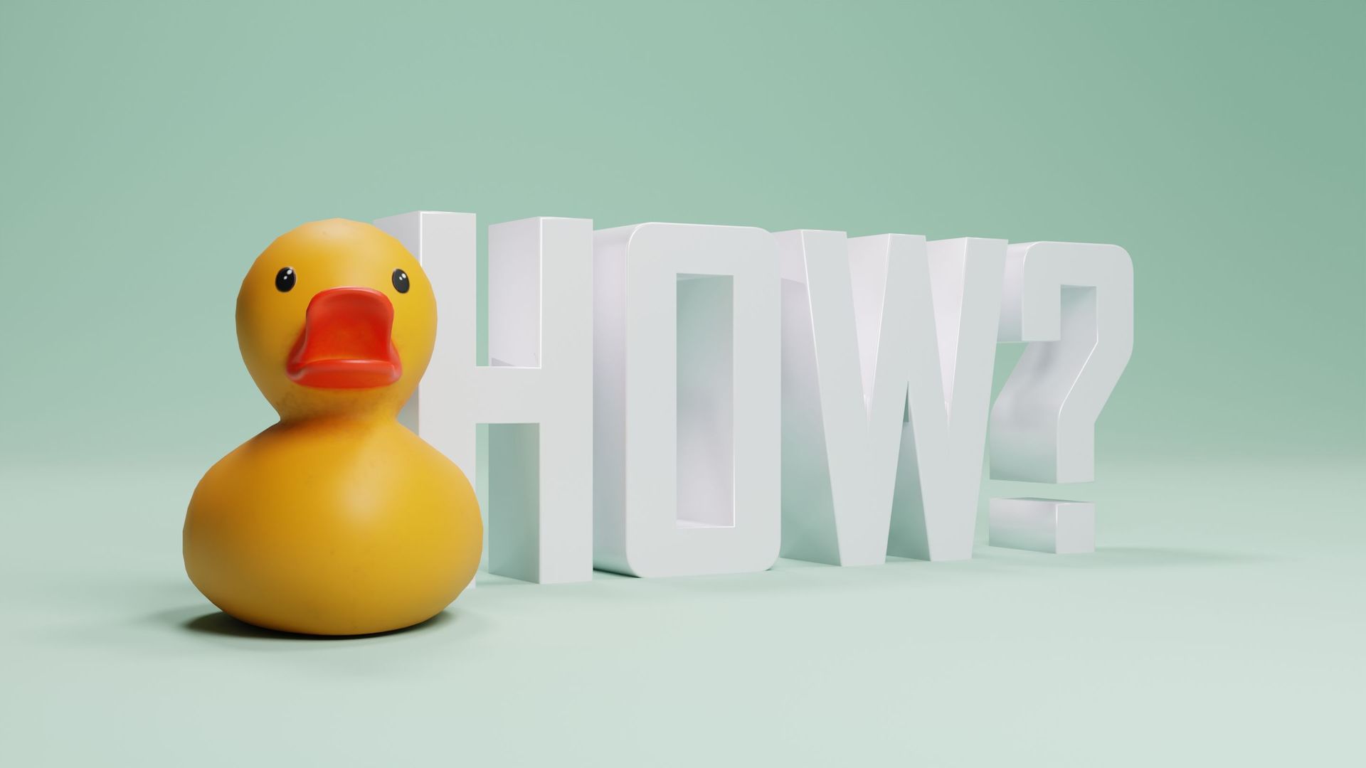 Yellow rubber duck beside large white 3D letters spelling “HOW?” on a pale green background