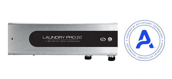 Silver Laundry Pro device with black front panel beside a blue circular logo badge