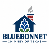 Bluebonnet Chimney of Texas logo with blue house, chimney, and flower icon