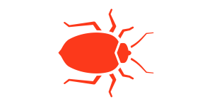 A red bug icon on a white background.
