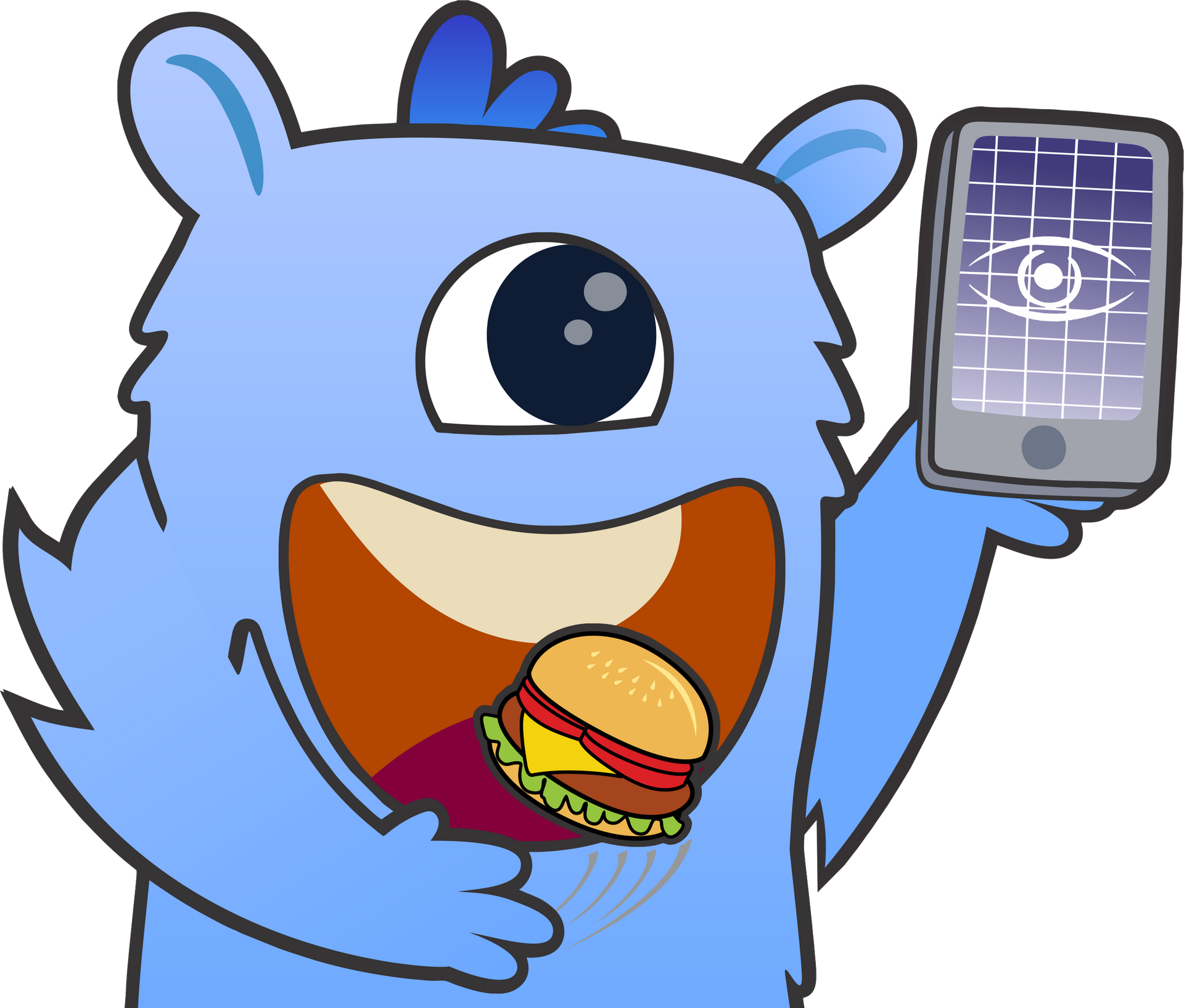 Um monstro azul está segurando um telefone celular e comendo um hambúrguer