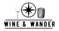 A black and white logo for wine and wander