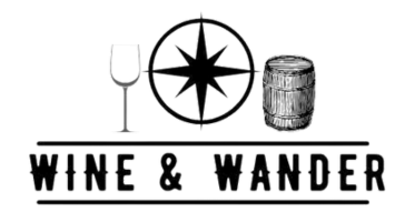 A black and white logo for wine and wander
