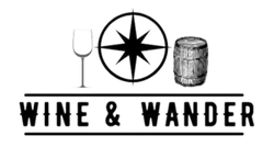 A black and white logo for wine and wander