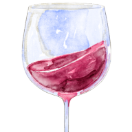 A watercolor painting of a glass of red wine on a white background.