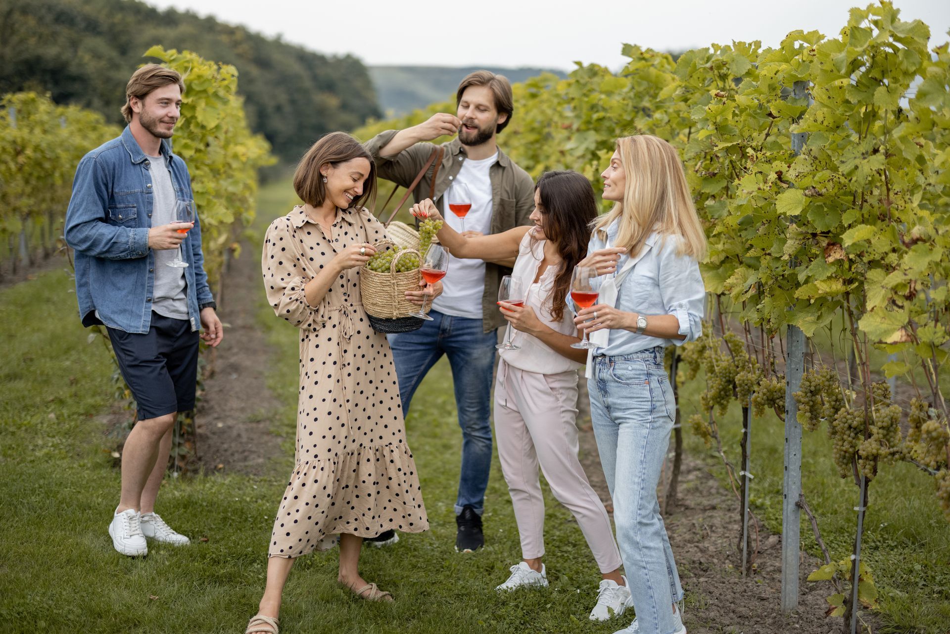 A group of people are standing in a vineyard drinking wine.