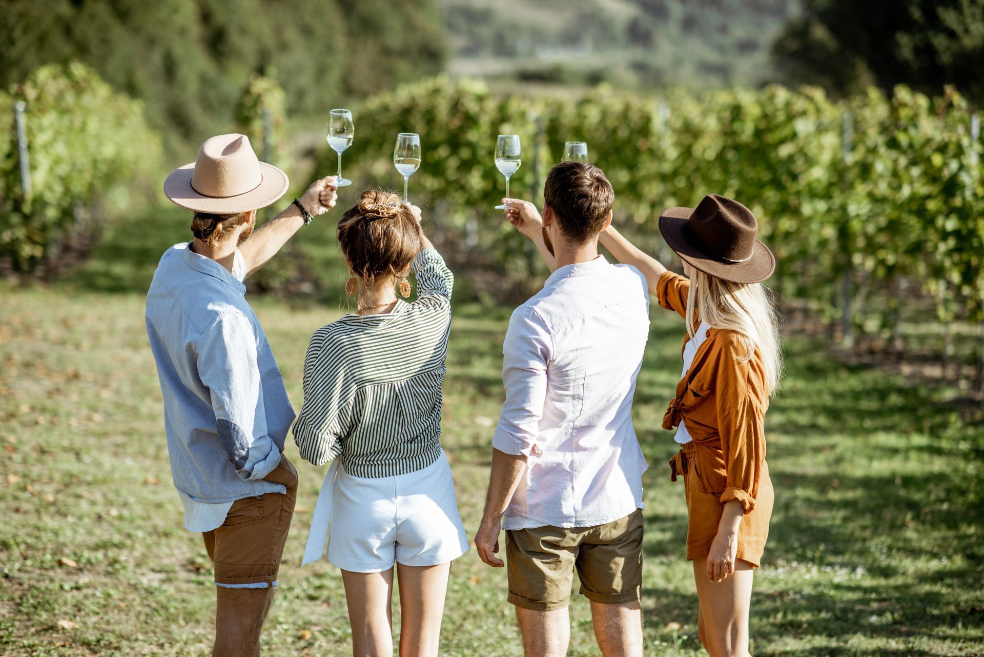 A group of people are standing in a vineyard holding wine glasses.