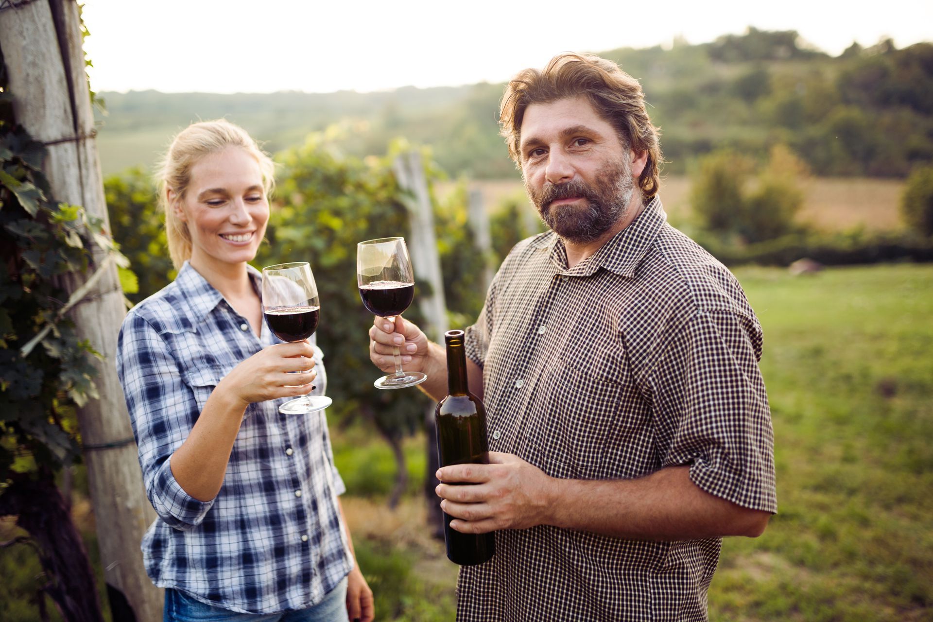 A man and a woman are toasting with wine in a vineyard.
