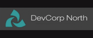 A logo for devcorp north with a blue arrow on a black background