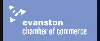 Evanston chamber of commerce logo on a blue background
