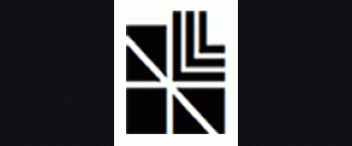 A black and white logo on a black background