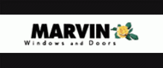 A logo for marvin windows and doors with a yellow flower