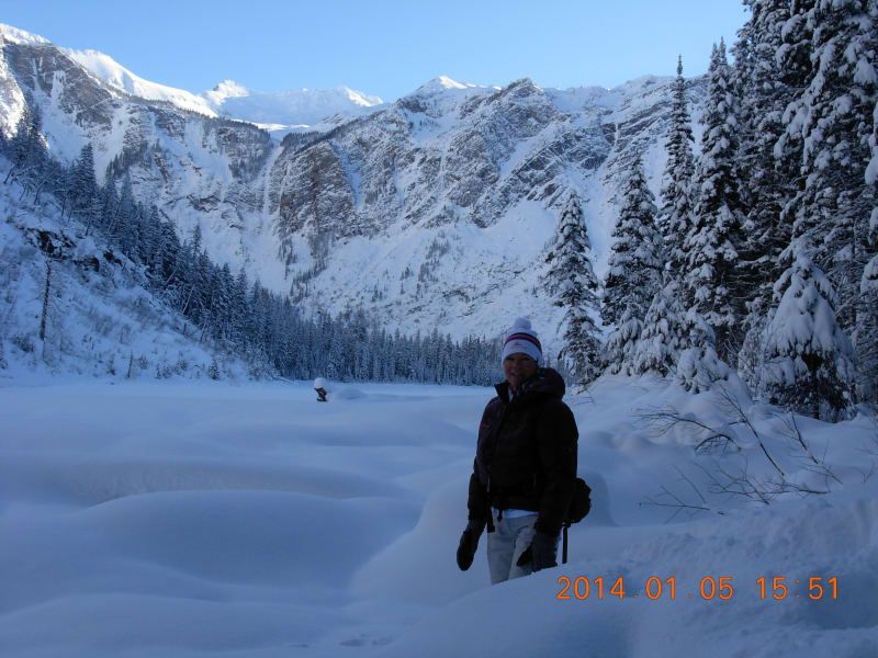 Person standing in deep snow, snowy mountains in the background, with pine trees on either side, winter scene.