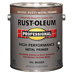 Rust-Oleum Professional high-performance metal primer can, rusted metal primer label, silver and brown packaging