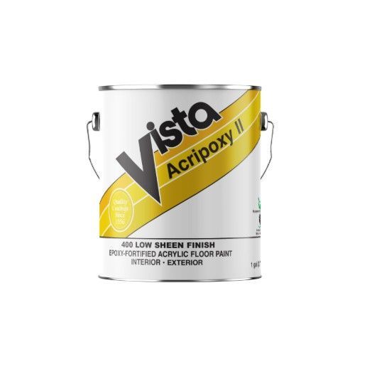 White paint can labeled “Vista Acripoxy” with yellow diagonal stripe and metal handle