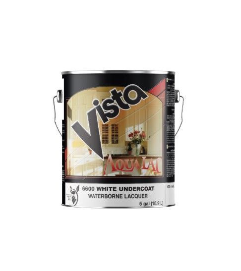 White paint can labeled “Vista” with a house interior illustration and silver handles.