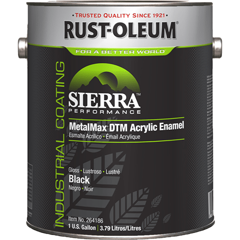 Rust-Oleum Sierra Performance black MetalMax DTM acrylic enamel paint can